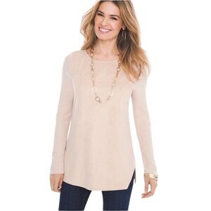 Chico's Ponte Sueded-Front Top Tunic Long Sleeve Faux Leather Size 0